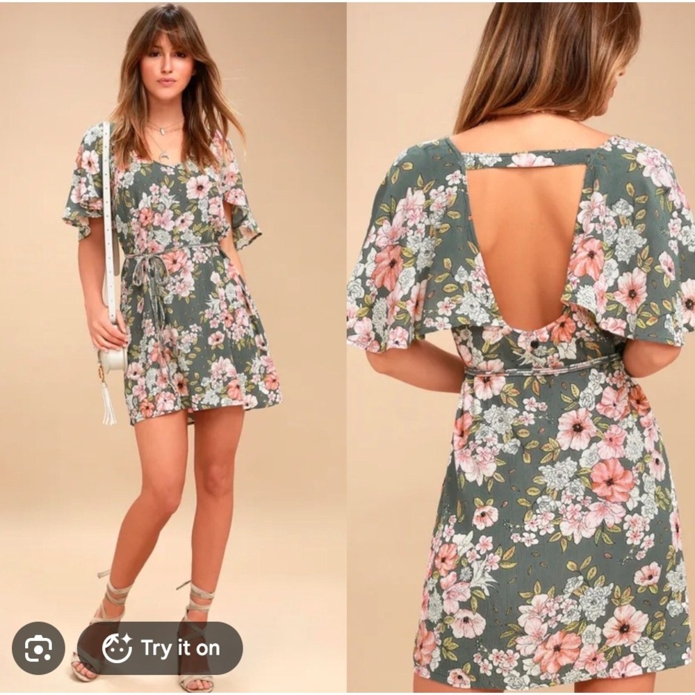 Billabong Floral Mini Dress Green Pink V-Neck Open Back Tie Waist Womens Small